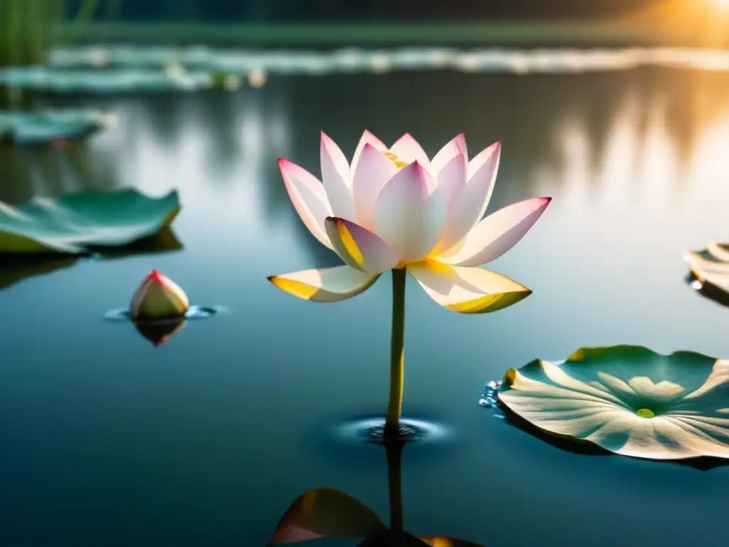 Un loto blanco flotando en un estanque sereno al atardecer, reflejando paz y pureza, inspirado en la poesía lírica de Tagore