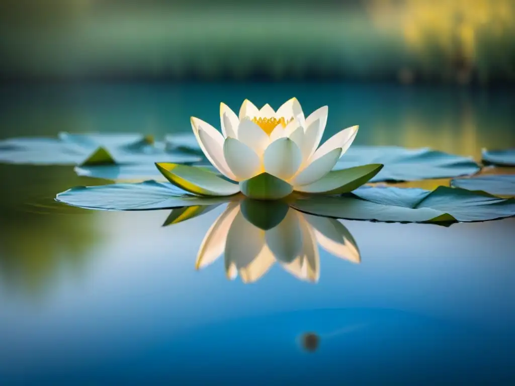 Un loto blanco flotando en un estanque sereno, iluminado por la suave luz matutina