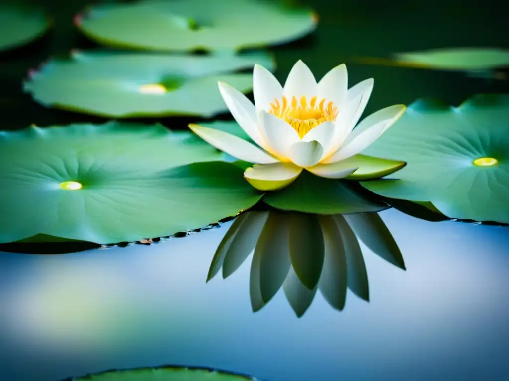 Reflejos serenos: loto blanco en estanque Un loto blanco solitario flota en un estanque tranquilo, rodeado de nenúfares verdes, evocando el poder transformador de las palabras