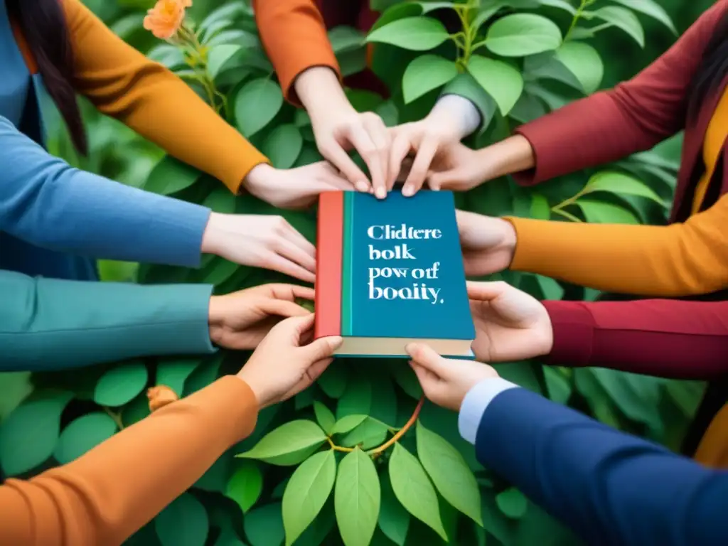 Un mágico intercambio de libros entre niños de diferentes culturas, rodeados de flores y hojas, simbolizando la transformación a través de la poesía