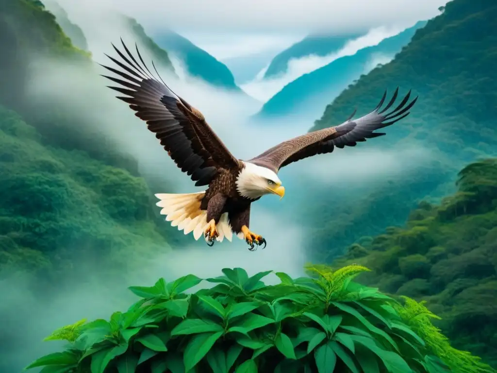 Águila majestuosa en vuelo sobre selva exuberante Águila majestuosa sobrevolando la exuberante selva, con alas desplegadas en gracia poderosa