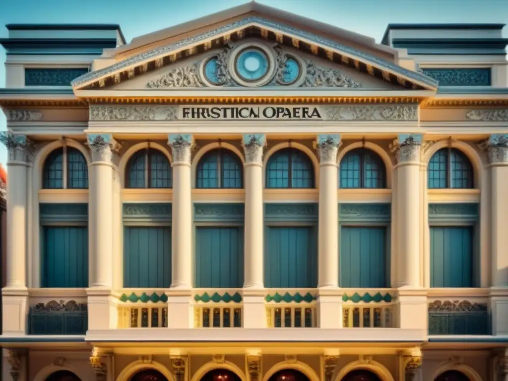 Majestuosa fachada de ópera con detalles arquitectónicos en ilustración monocrómica