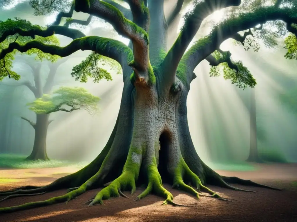 La majestuosa poesía lírica de la naturaleza: un roble solitario en un bosque tranquilo, con la luz jugando entre las hojas verdes