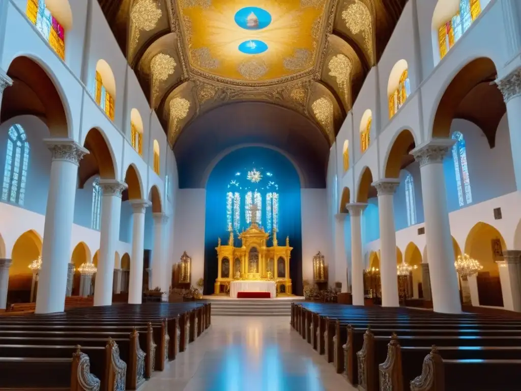 Interior barroco con detalles dorados y luces divinas La majestuosa poesía religiosa de Alonso de Ledesma: iglesia barroca con detalles dorados y vitrales iluminados