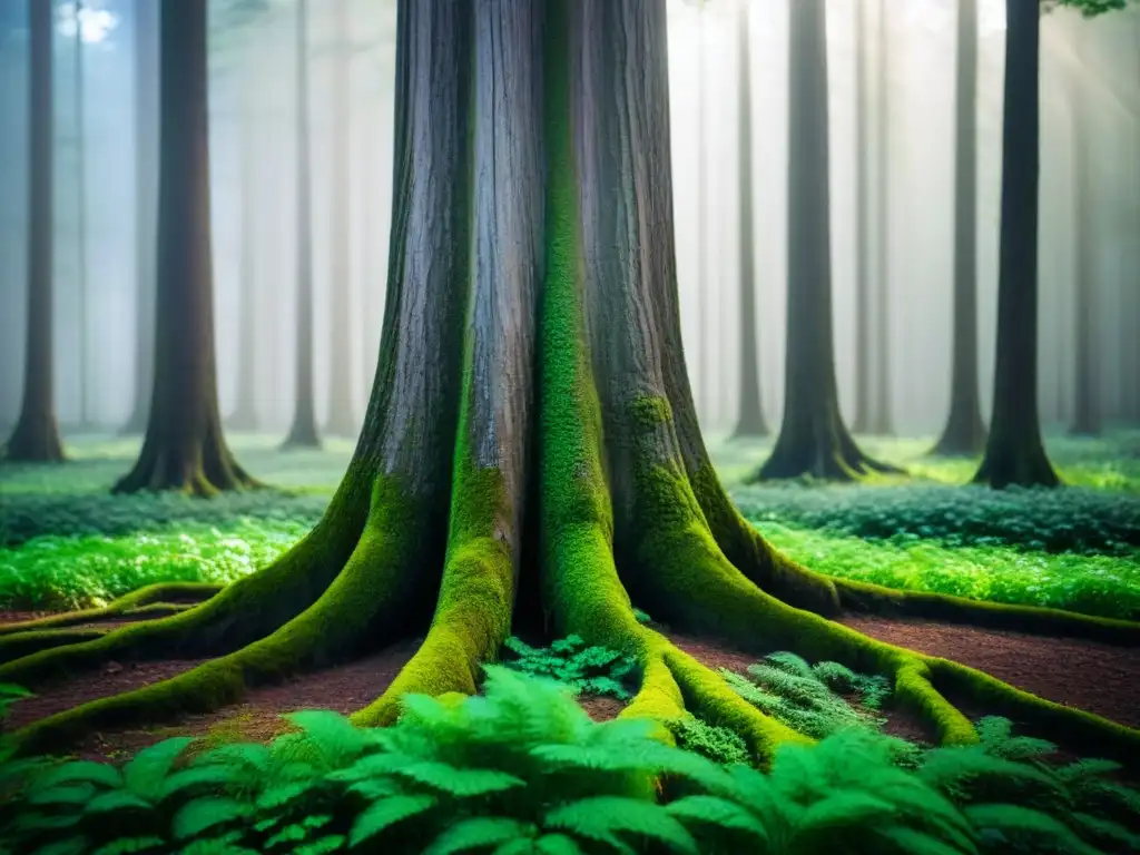 La majestuosidad del árbol solitario en un bosque verde, con luz filtrándose entre las hojas