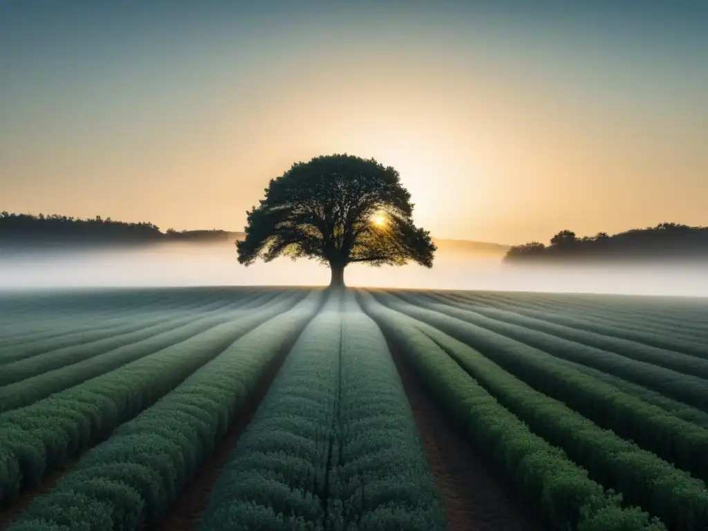 La majestuosidad de la naturaleza en una escena de campo sereno con un árbol solitario bajo la luz del atardecer