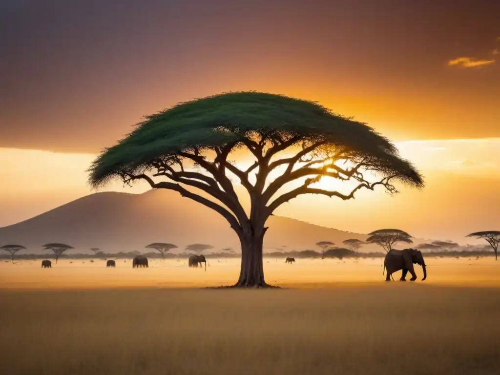 Un majestuoso árbol de acacia destaca en la sabana africana al atardecer, con elefantes pastando en la distancia