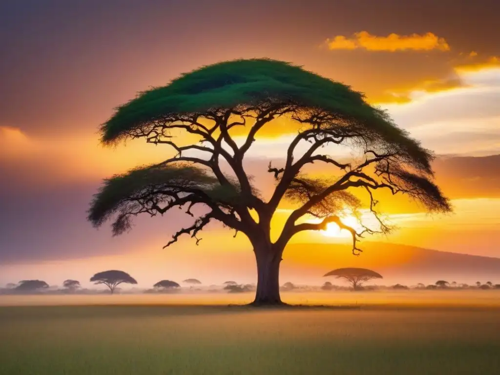 Un majestuoso árbol de acacia destaca en un vibrante atardecer africano, con siluetas de animales y aves coloridas volando