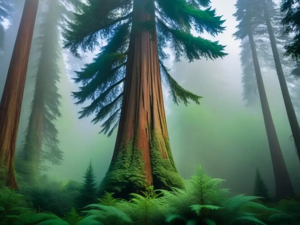 Un majestuoso árbol de secuoya en un bosque verde, iluminado por el sol