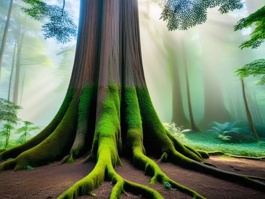 Un majestuoso árbol en un frondoso bosque, detallado y vibrante