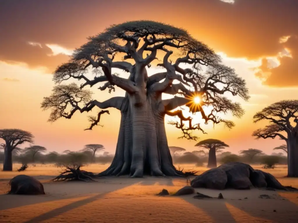 Un majestuoso baobab en un atardecer africano, fusionando poesía africana, espiritualidad y naturaleza en un diseño detallado en gris