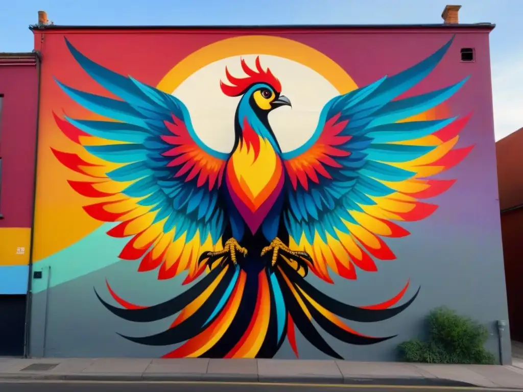 Un majestuoso fénix se eleva de un mural urbano, sus alas desplegadas en un arco iris de plumas que se funden con las paredes graffiteadas