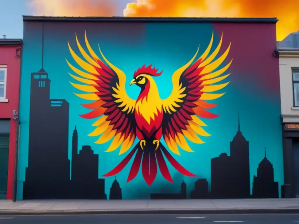 Un majestuoso mural urbano muestra un fénix resurgiendo con intensos colores, transmitiendo mensajes poéticos en espacios urbanos