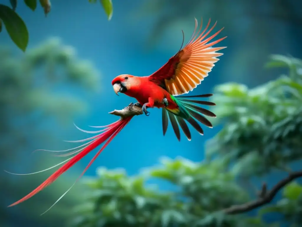 Majestuoso quetzal rojo surcando bosque verde, poesía indígena ancestral transformadora