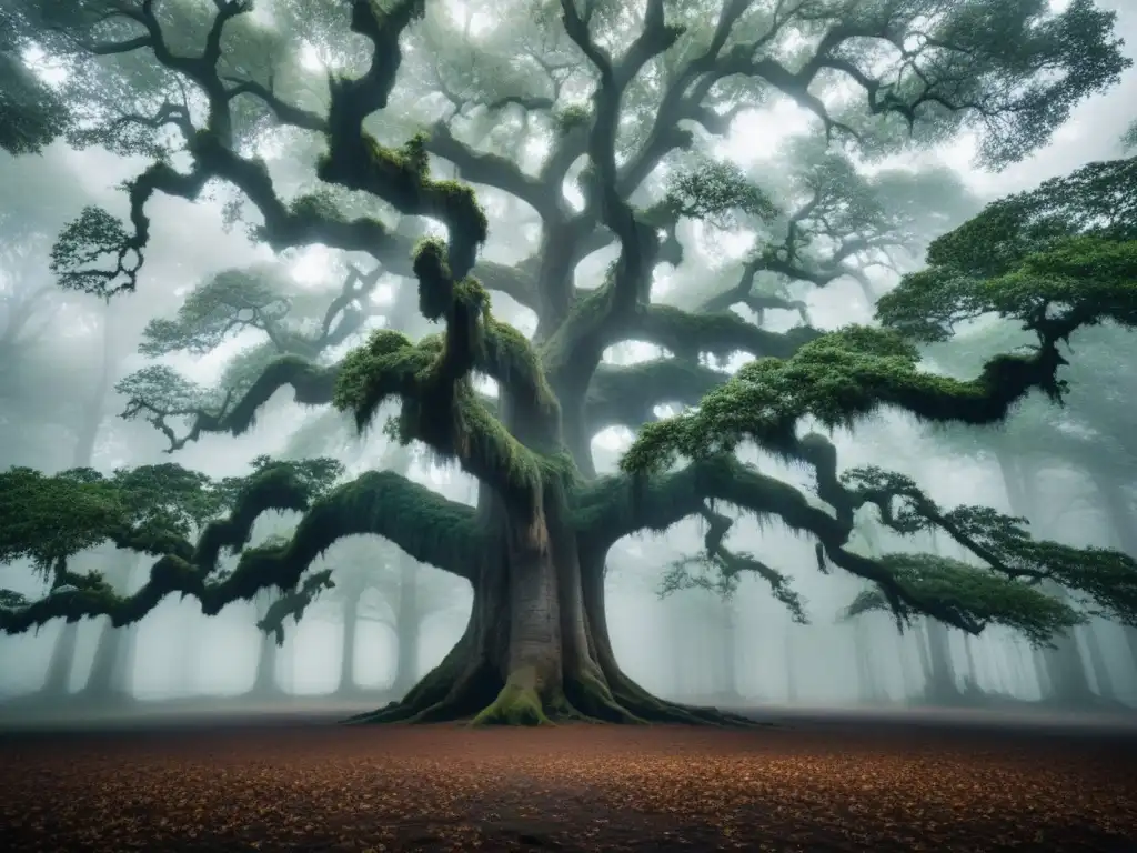 Un majestuoso roble antiguo en un bosque brumoso, simbolizando el alma humana