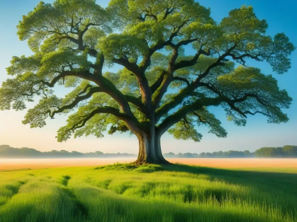 Un majestuoso roble en un prado, sus ramas como encaje ante el cielo azul