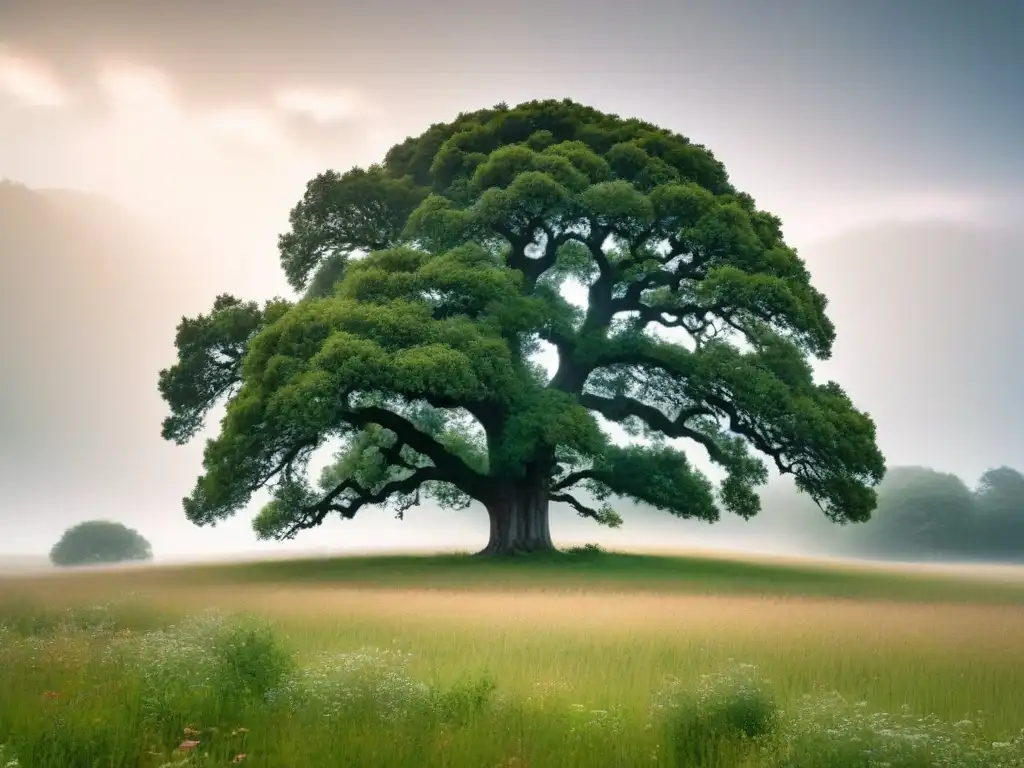 Un majestuoso roble en un prado sereno, rodeado de flores silvestres y un arroyo, inspiración poética en naturaleza