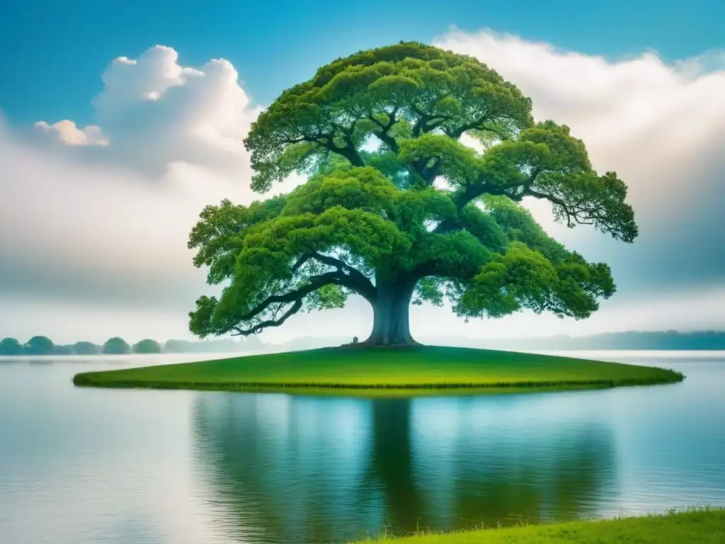 Un majestuoso roble en primer plano junto a un lago sereno, inspiración para la poesía neoclásica de Cadalso