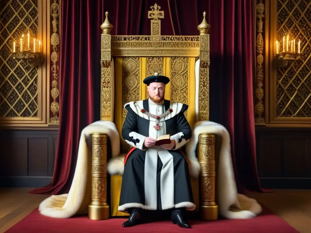 Trono real del Rey Enrique VIII: lujo y cultura tudor Un majestuoso salón de trono de la corte de Enrique VIII, donde la poesía y la elegancia se entrelazan