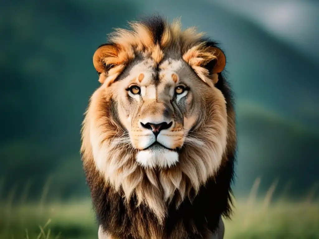 Un león majestuoso, símbolo de poesía animal, con mirada sabia y melena al viento