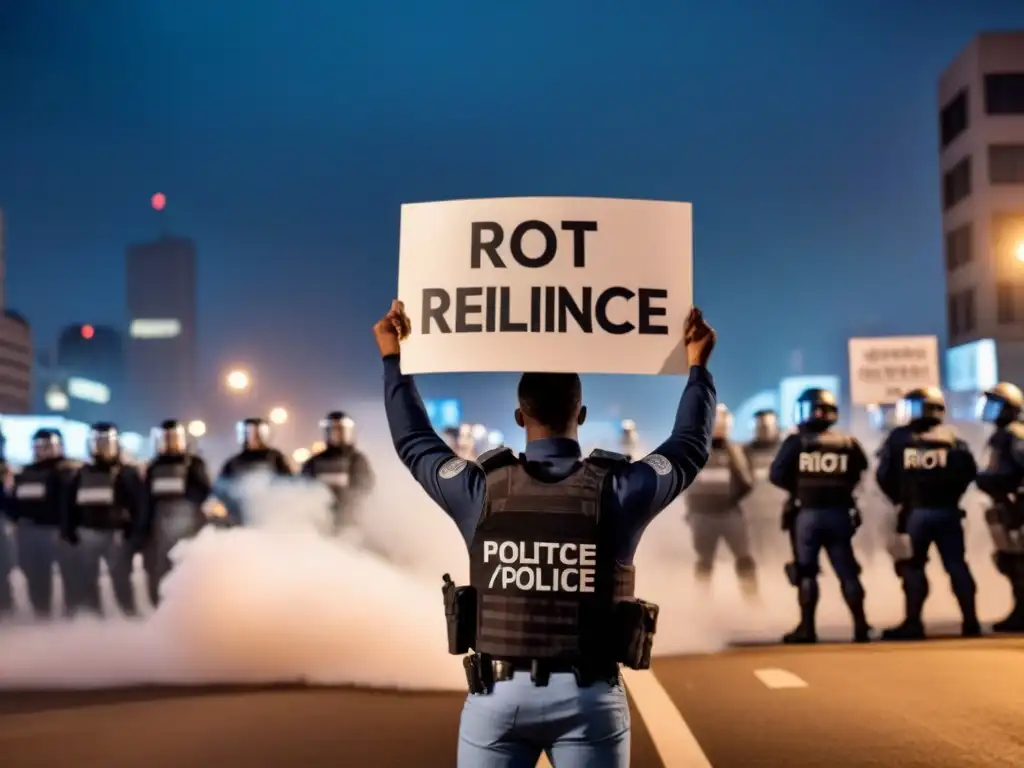 Protesta solitaria: la valentía ante la opresión Un manifestante solitario sostiene un cartel con versos sobre protestas transformadoras frente a la policía antidisturbios al atardecer en la ciudad