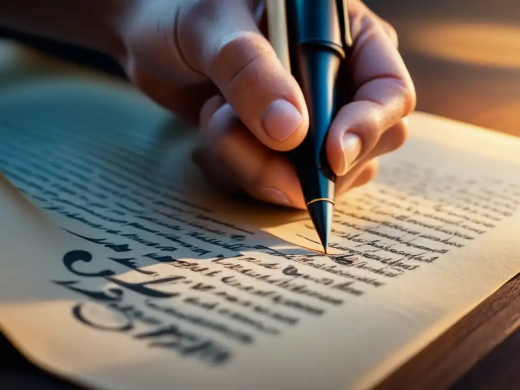 Mano delicada de calígrafo escribiendo poesía con pluma tradicional en pergamino