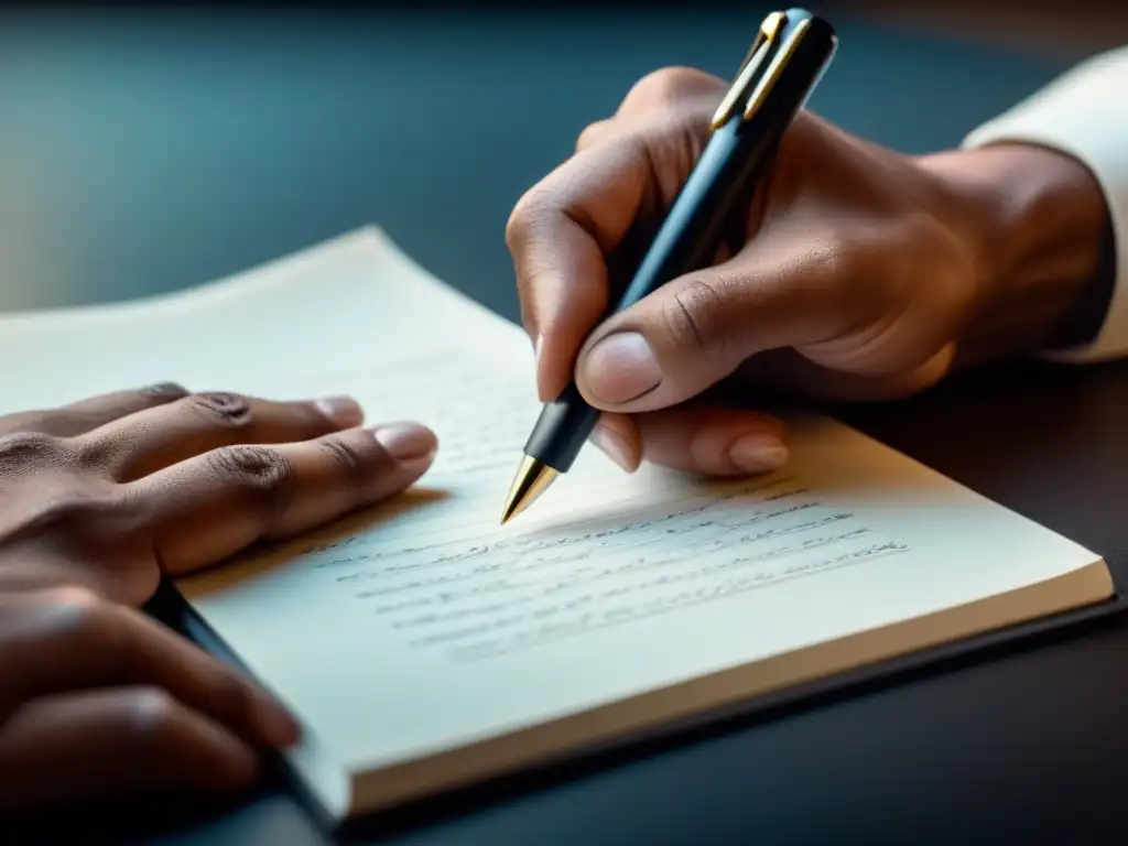 Mano escribiendo con pluma sobre papel en blanco, transformando vivencias en poesía