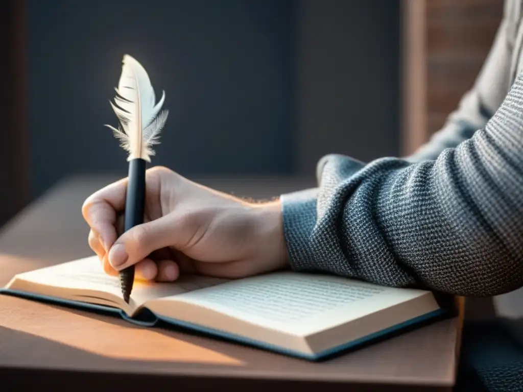 Mano de poeta sostiene pluma, libros de poesía al fondo