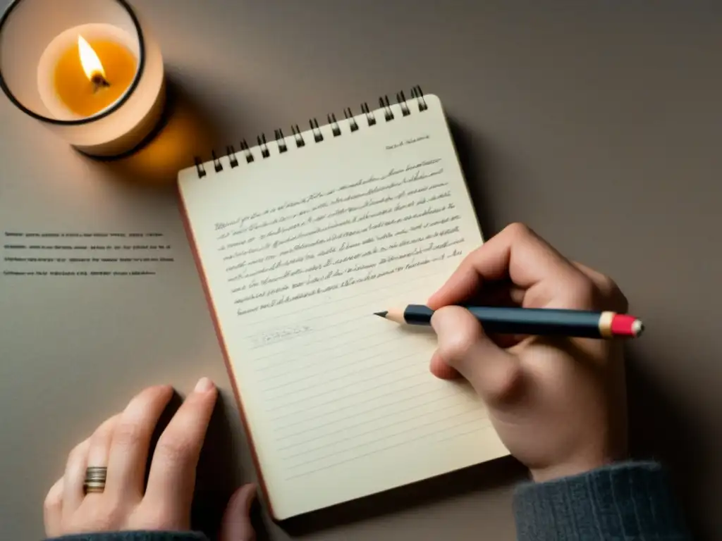 Mano de poeta puliendo poemas con lápiz y cuaderno de fondo, inmerso en el proceso creativo