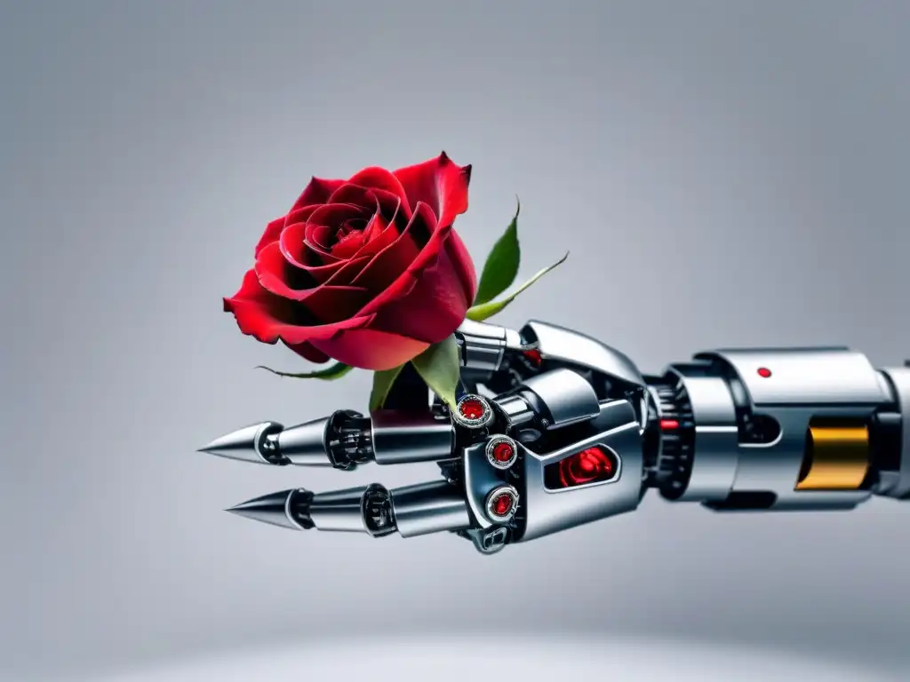 Robótica delicadeza: mano metálica y rosa roja Una mano robótica sostiene una rosa roja en un contraste poético de inteligencia artificial y belleza natural