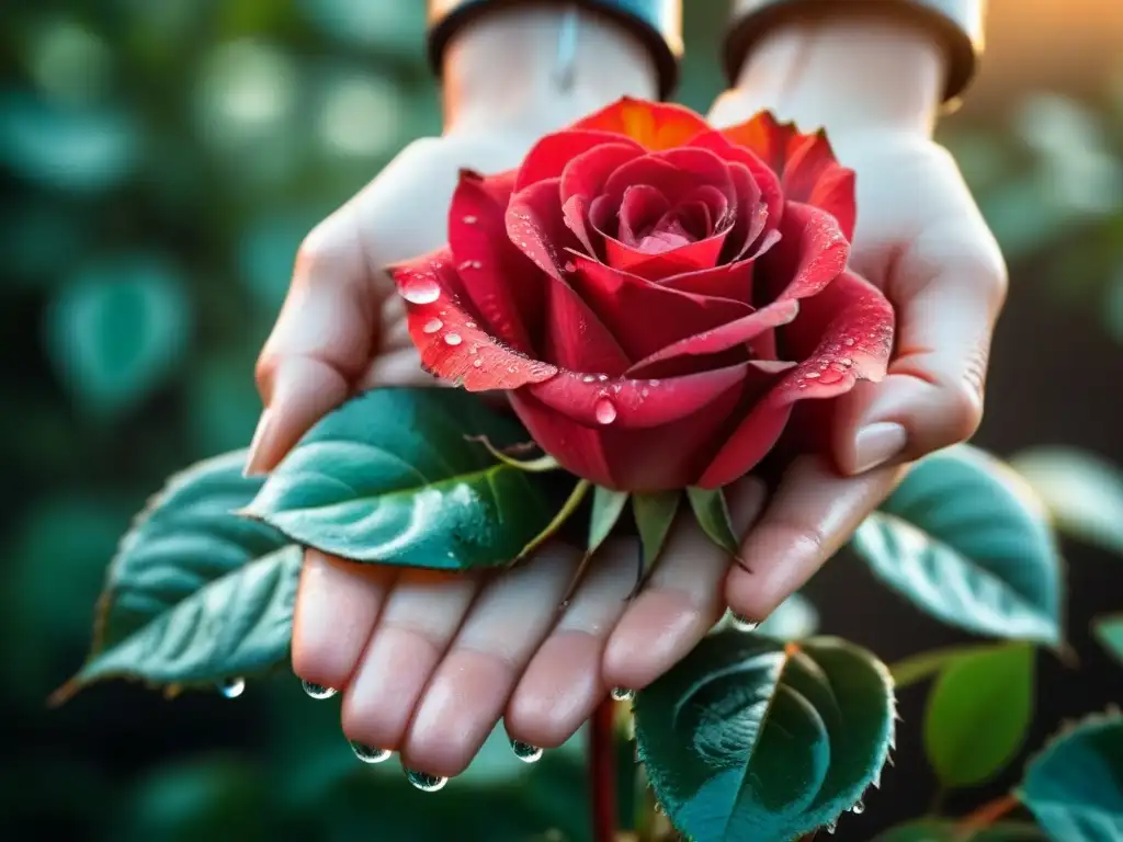 Rosa roja brillante: poesía de la naturaleza Un mano sostiene una vibrante rosa roja con gotas de agua