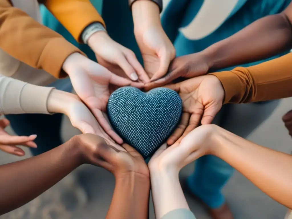 Manos diversas unidas en forma de corazón con patrones y símbolos, simbolizando la poesía actual, interseccionalidad y diversidad de voces