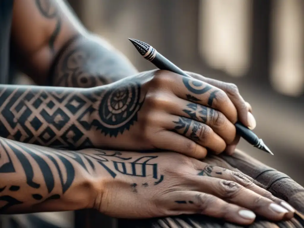 Manos indígenas preservando la poesía en la era moderna con tatuajes tradicionales y pluma