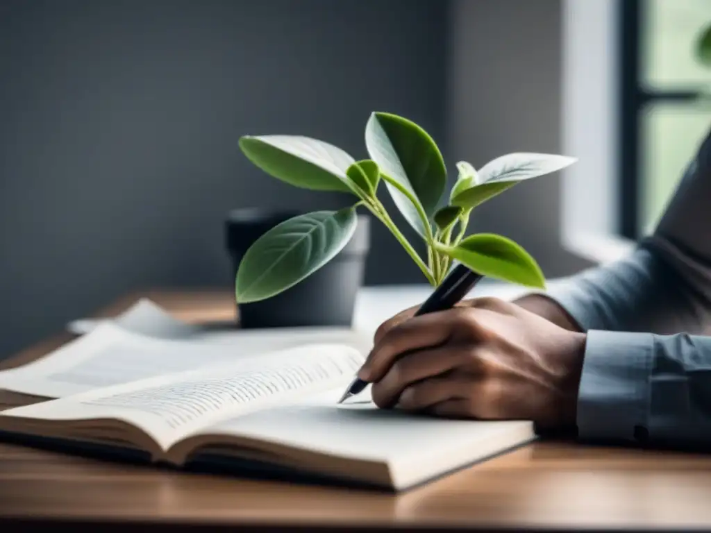 Manos creando poesía en un escritorio, con plantas al fondo