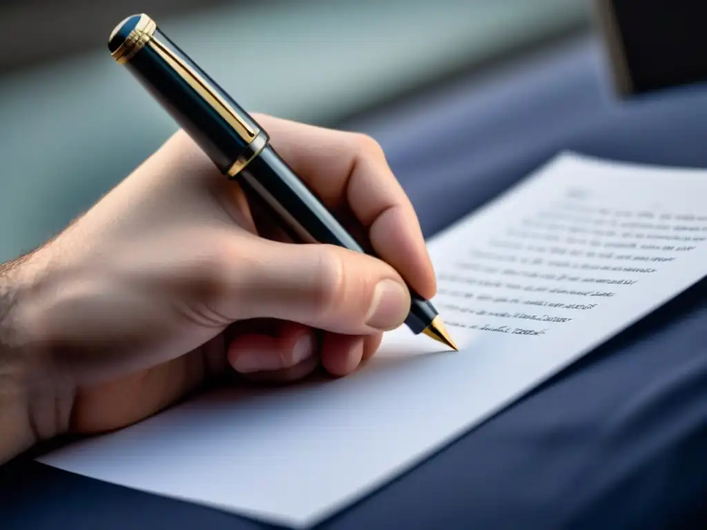 Manos de poeta escribiendo un poema con pluma, enfoque en la delicadeza del proceso de edición en poesía