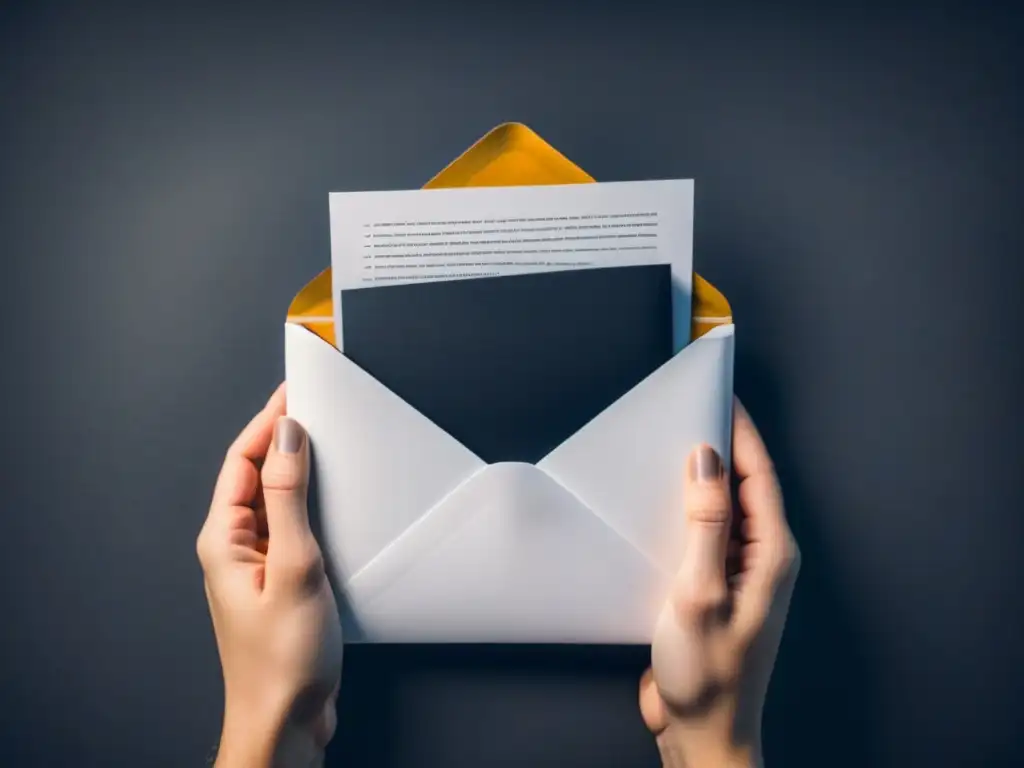 Poesía epistolar: manos sujetando delicadamente un sobre abierto con una carta brillante, fondo de papel texturizado