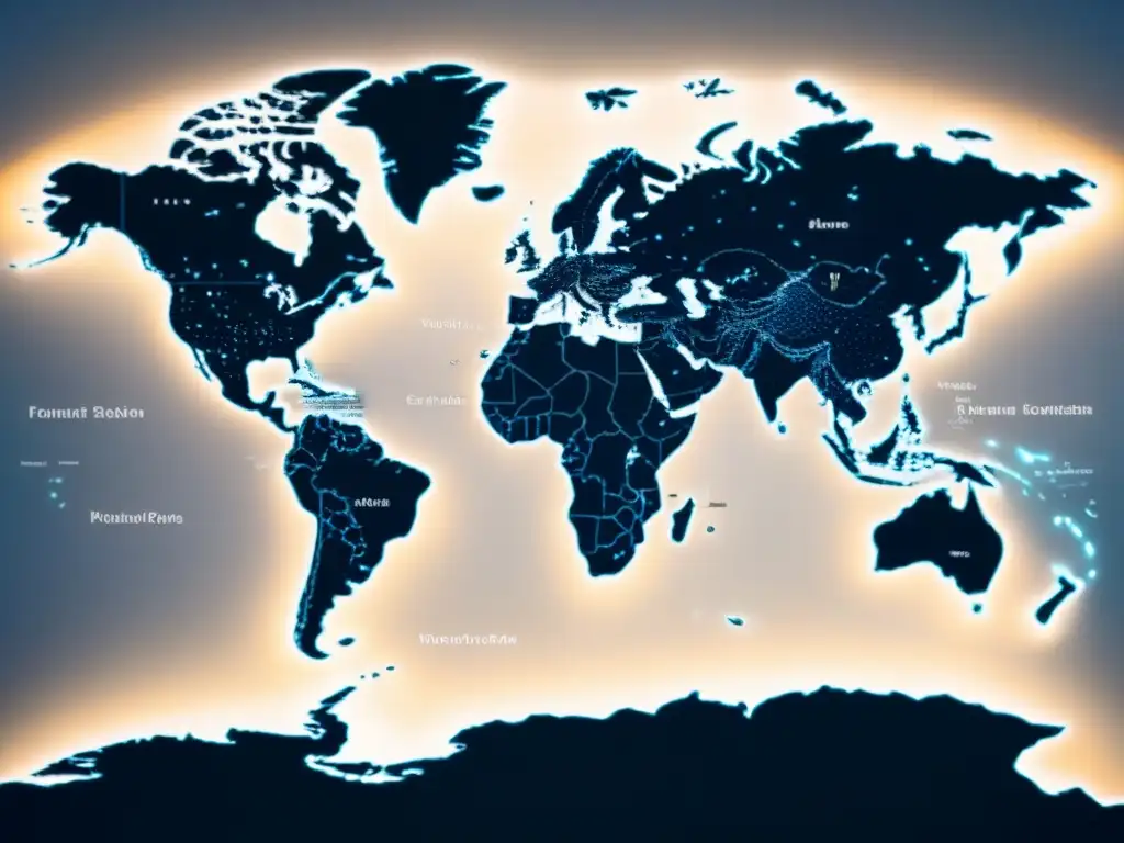 Mapa mundial de versos poéticos entrelazados, donde la poesía trasciende barreras geográficas