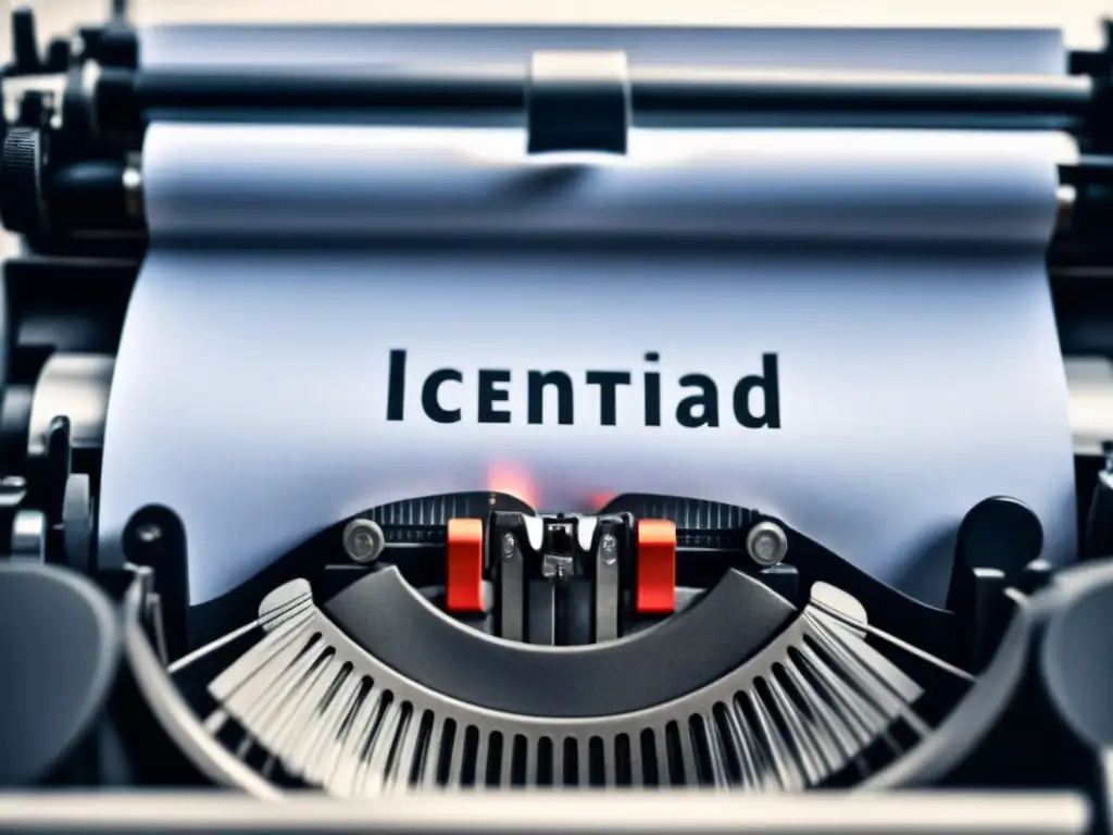 Transformación poética: máquina de escribir ilumina 'Identidad Una máquina de escribir detallada con la palabra 'Identidad' iluminada, reflejando exploraciones poéticas identidad concepto