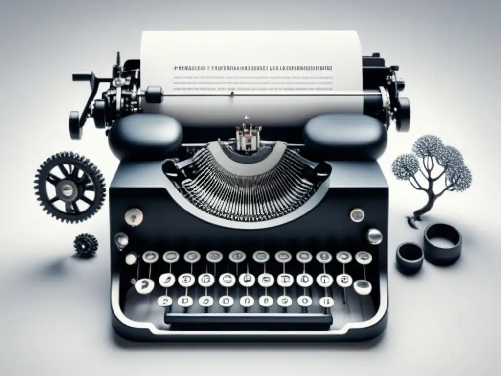 Una máquina de escribir con elementos surrealistas y un aura de creatividad, inspirada en la poesía vanguardista de William S