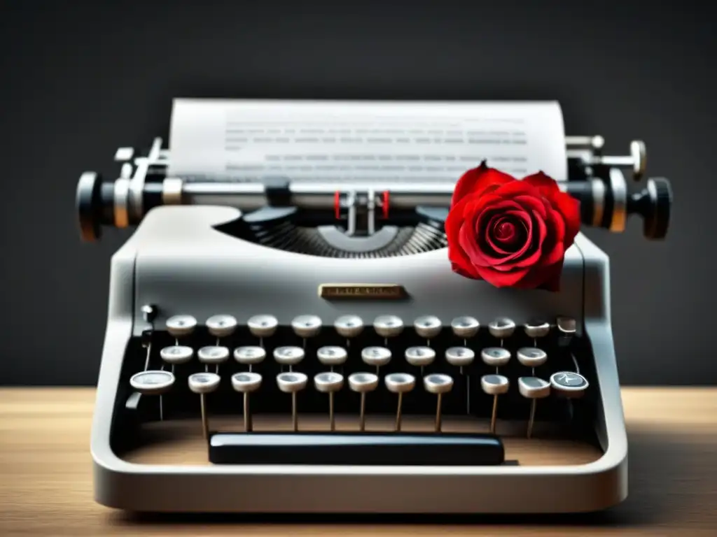 Una máquina de escribir estilizada en blanco y negro con una rosa roja en sus teclas, simbolizando la creatividad y la inspiración poética