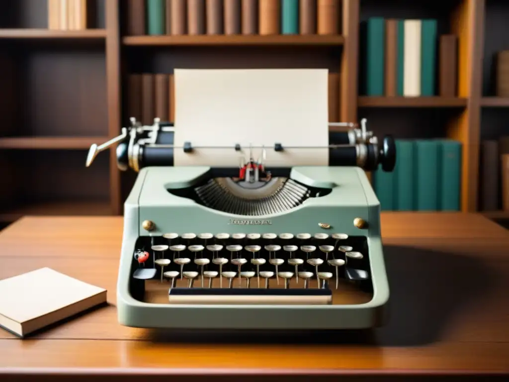 Una máquina de escribir vintage en un escritorio de madera, con libros de poesía borrosos de fondo