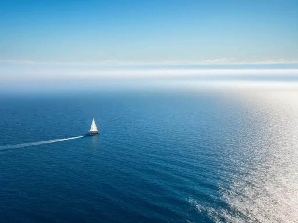 Un mar sereno y vasto bajo un cielo azul, reflejando la luz del sol con un velero en la distancia