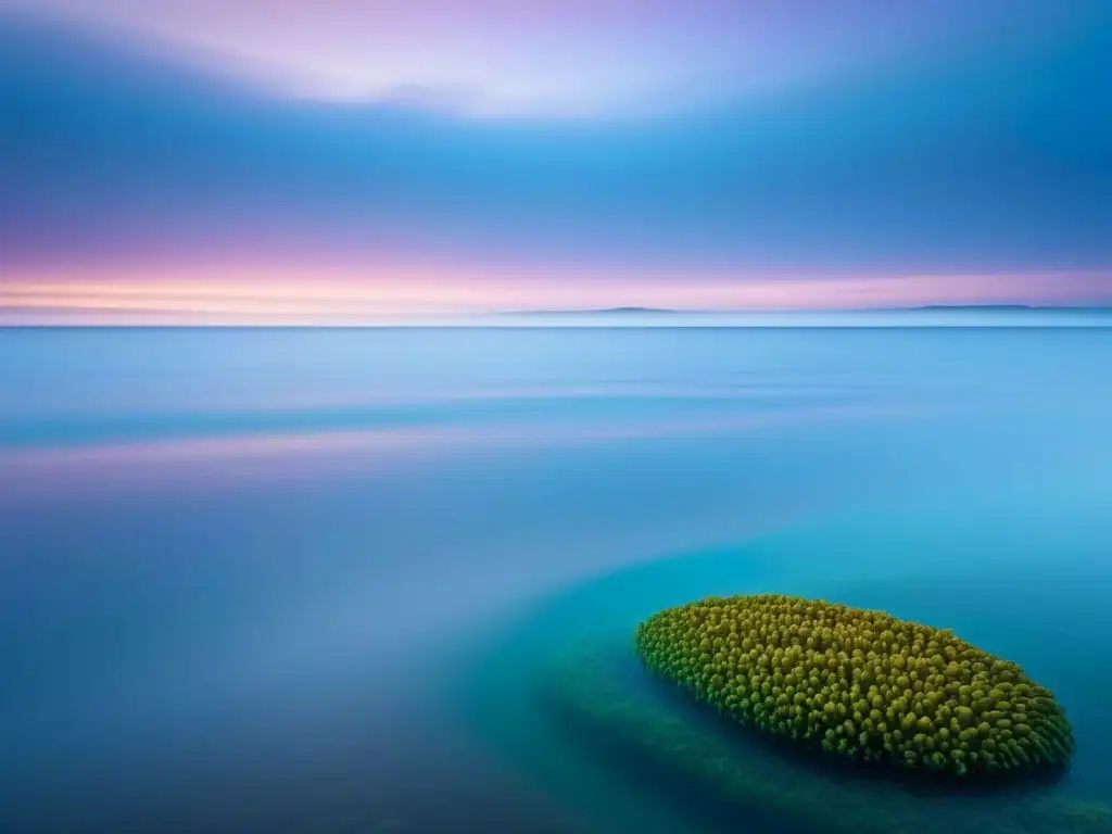 Un mar tranquilo y profundo con detalles sutiles, reflejando traducción poética y emociones profundas