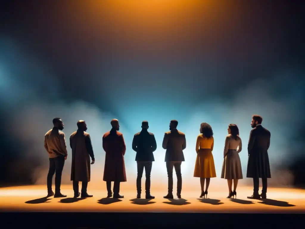 Marcas apoyan voces poéticas diversidad: Grupo diverso de poetas recitando apasionadamente en un escenario minimalista iluminado