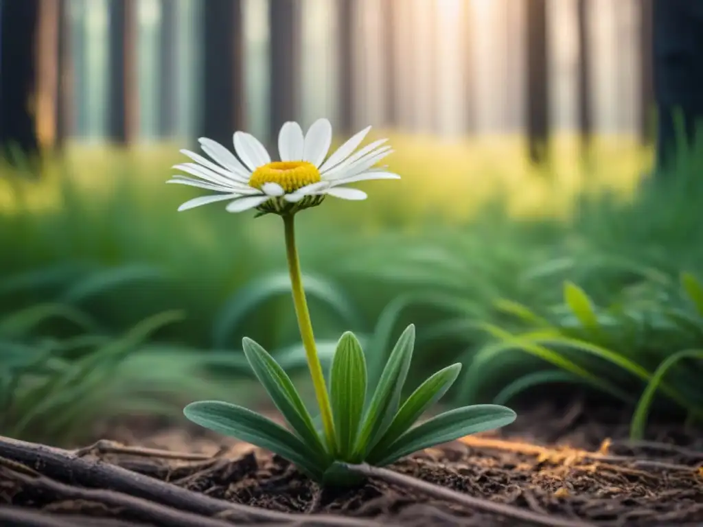 Una margarita delicada florece en un bosque sombrío, evocando la poesía esperanzadora de Emily Dickinson