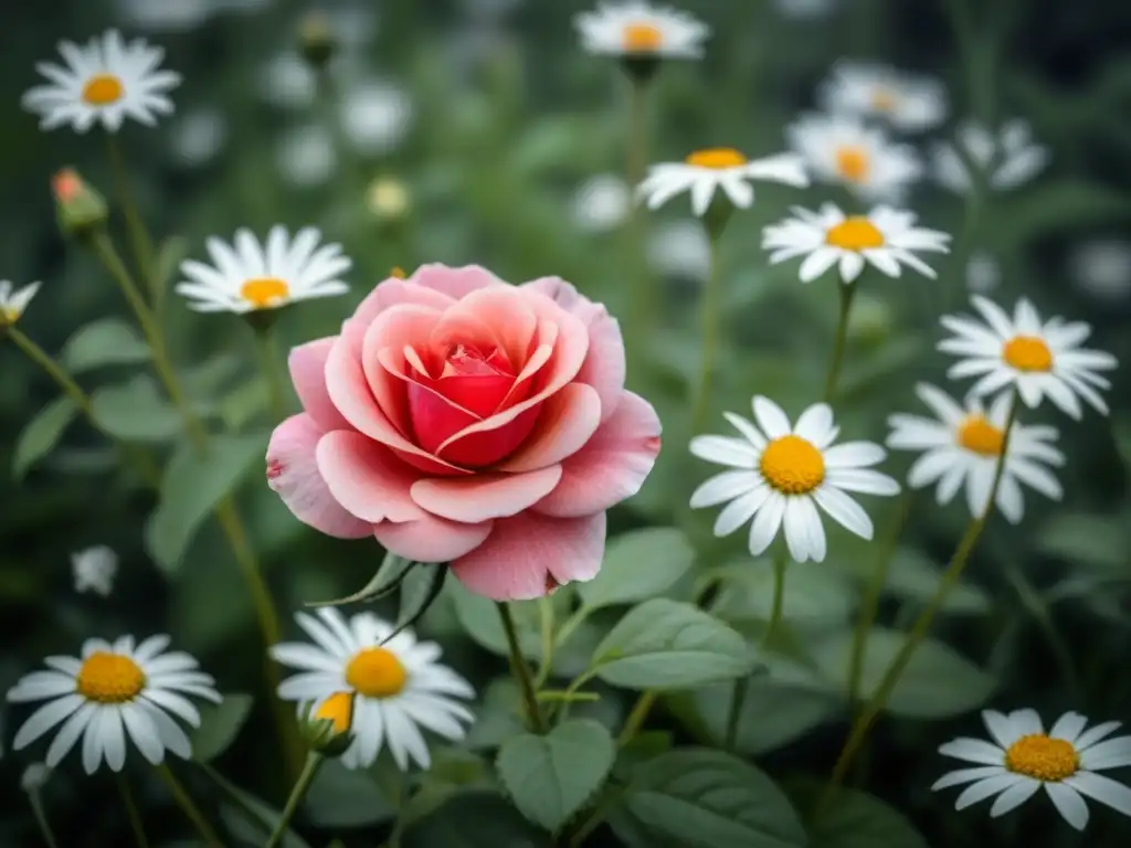 Una rosa roja destaca entre margaritas en blanco y negro, poder transformador de la poesía