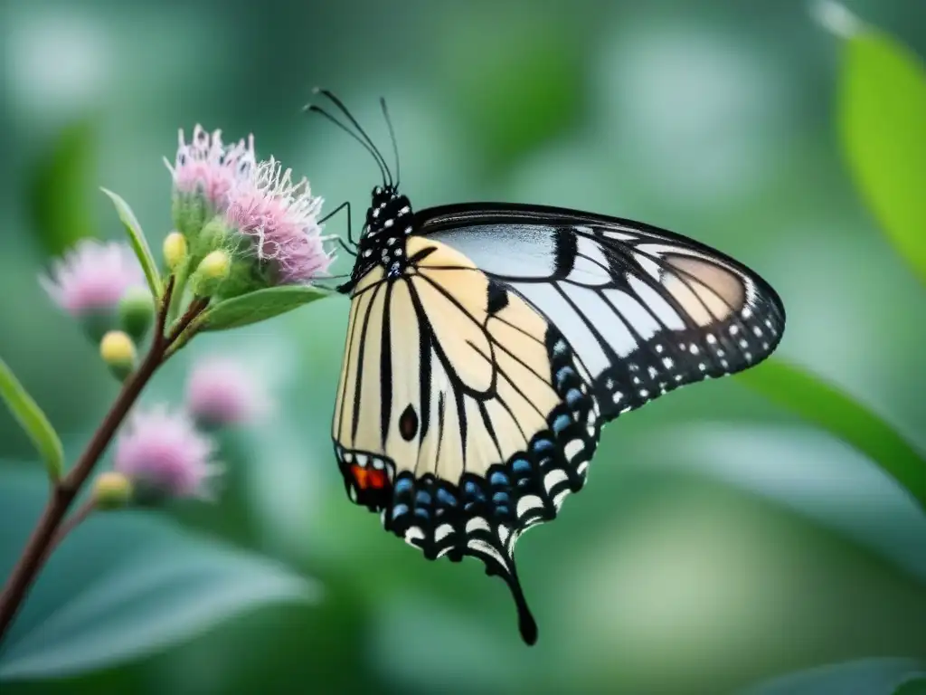 Mariposa emergiendo de capullo en paisaje sereno, representando el poder transformador de la poesía en tonos pastel