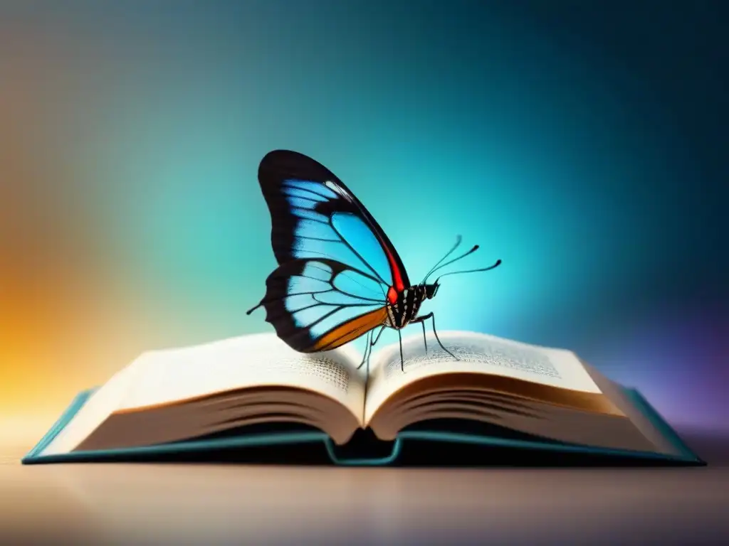 Una mariposa delicada emergiendo de un libro, simbolizando la metáfora como transformación poética