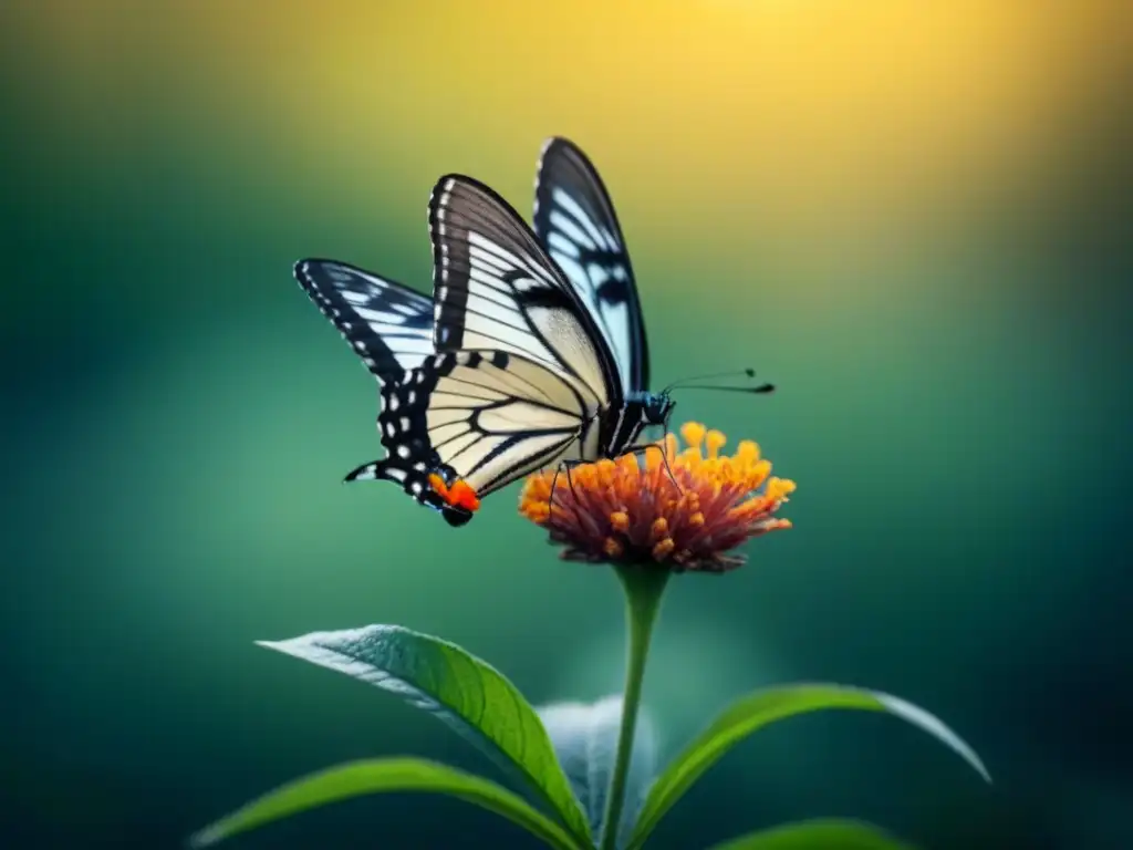 Una mariposa delicada posada en una flor marchita, simbolizando la fragilidad de la vida y el tema de la extinción