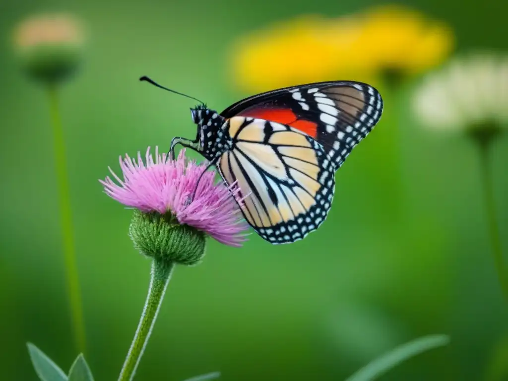 Mariposa delicada posada en flor silvestre en una obra minimalista y detallada, con patrones intrincados y colores vibrantes